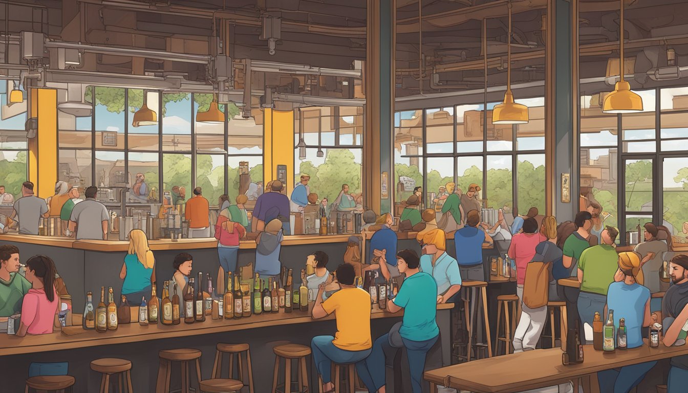 A bustling brewery with colorful taps and lively patrons enjoying Eureka Heights Buckle Bunny craft beer in Houston, Texas