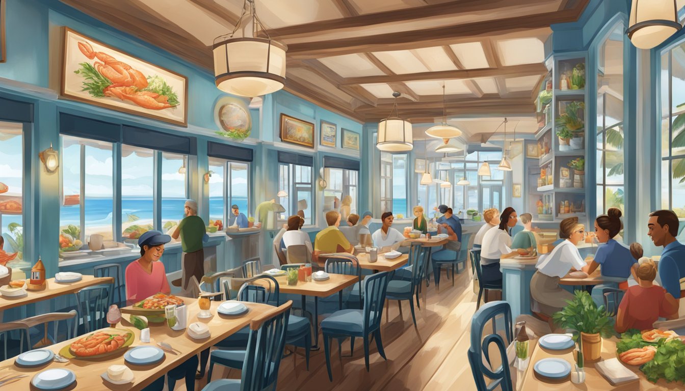 A bustling seafood cafe with a coastal theme, featuring a colorful array of fresh seafood dishes and a warm, inviting atmosphere