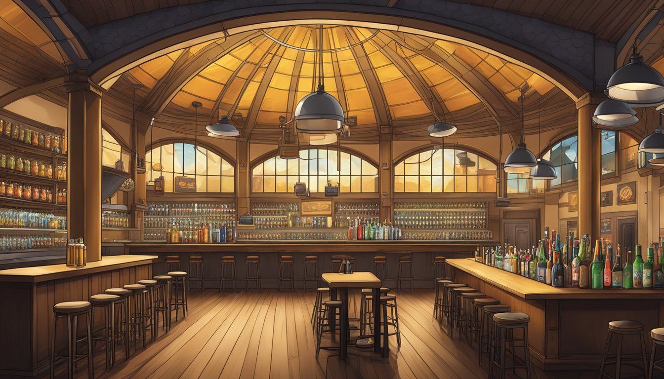 An illuminated beer taproom with a large dome ceiling, filled with various craft beer taps and a lively atmosphere in Houston, Texas