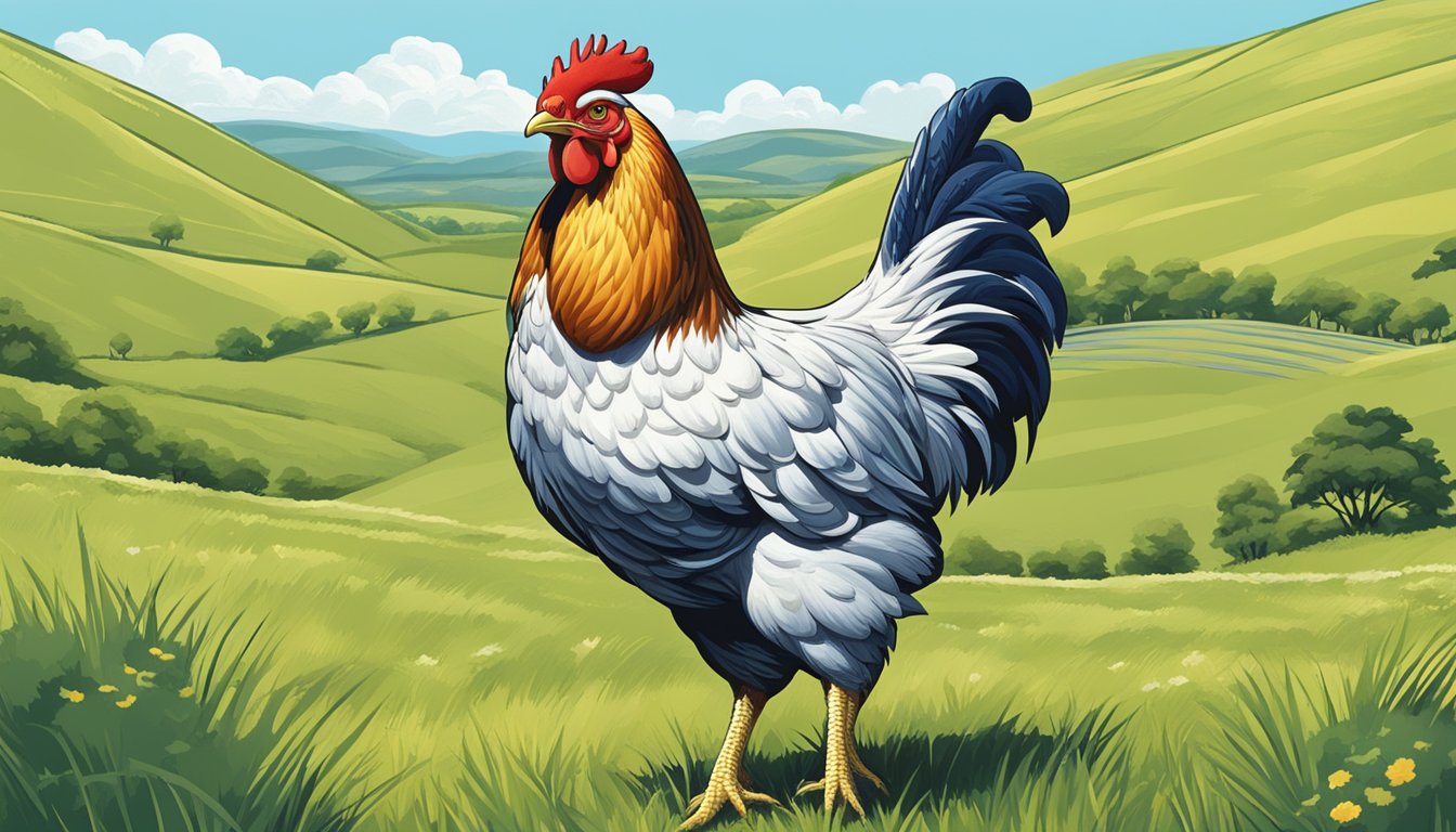 A muscular chicken roams freely in a lush Texas pasture, surrounded by rolling hills and a clear blue sky