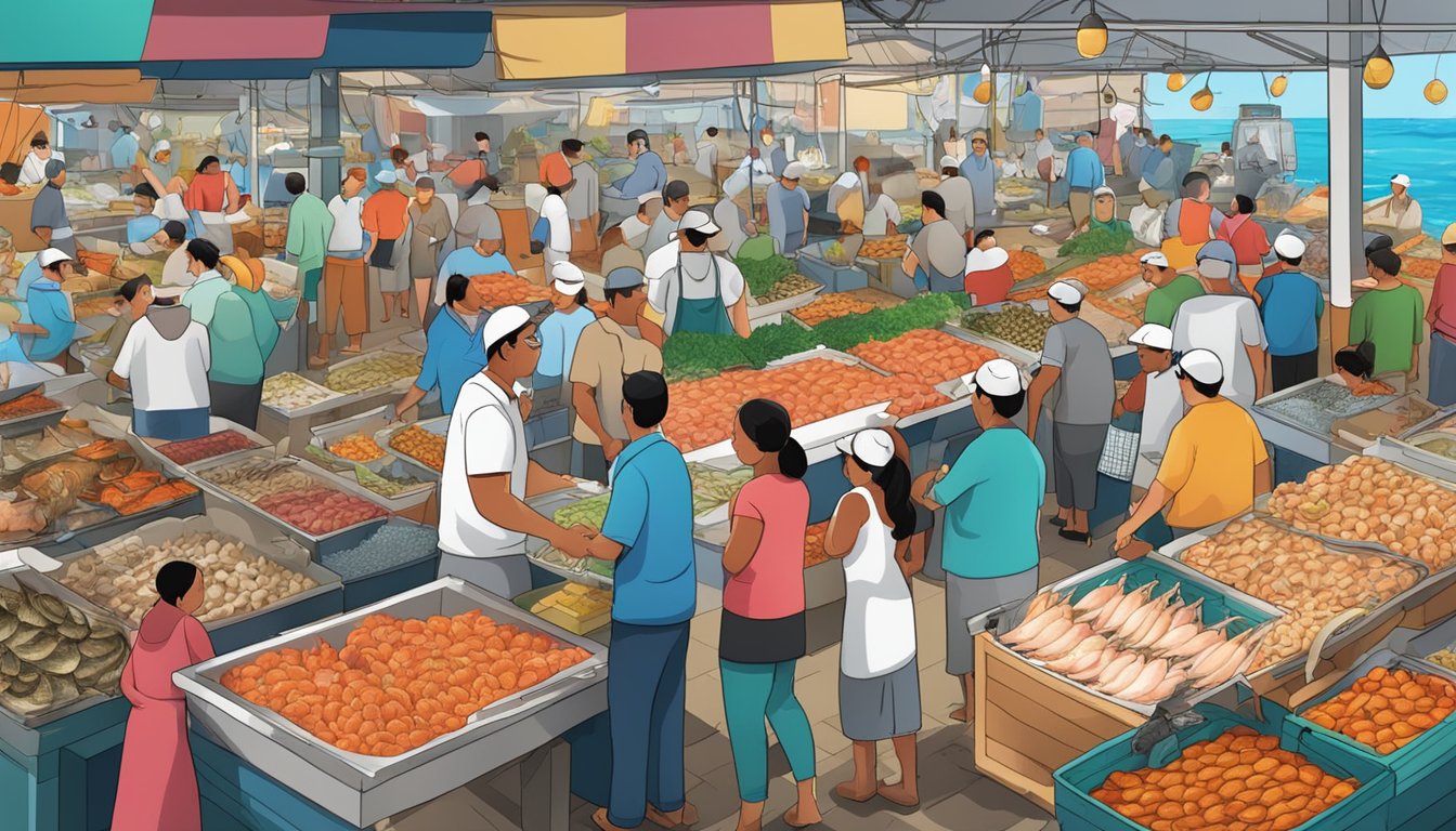 A bustling seafood market with colorful displays of fresh fish and shellfish, surrounded by eager customers and lively seafood vendors