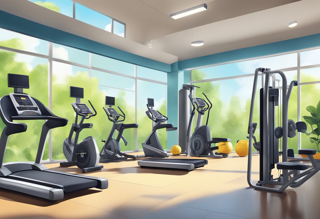 A vibrant gym with modern equipment and natural lighting, surrounded by greenery and clear blue skies