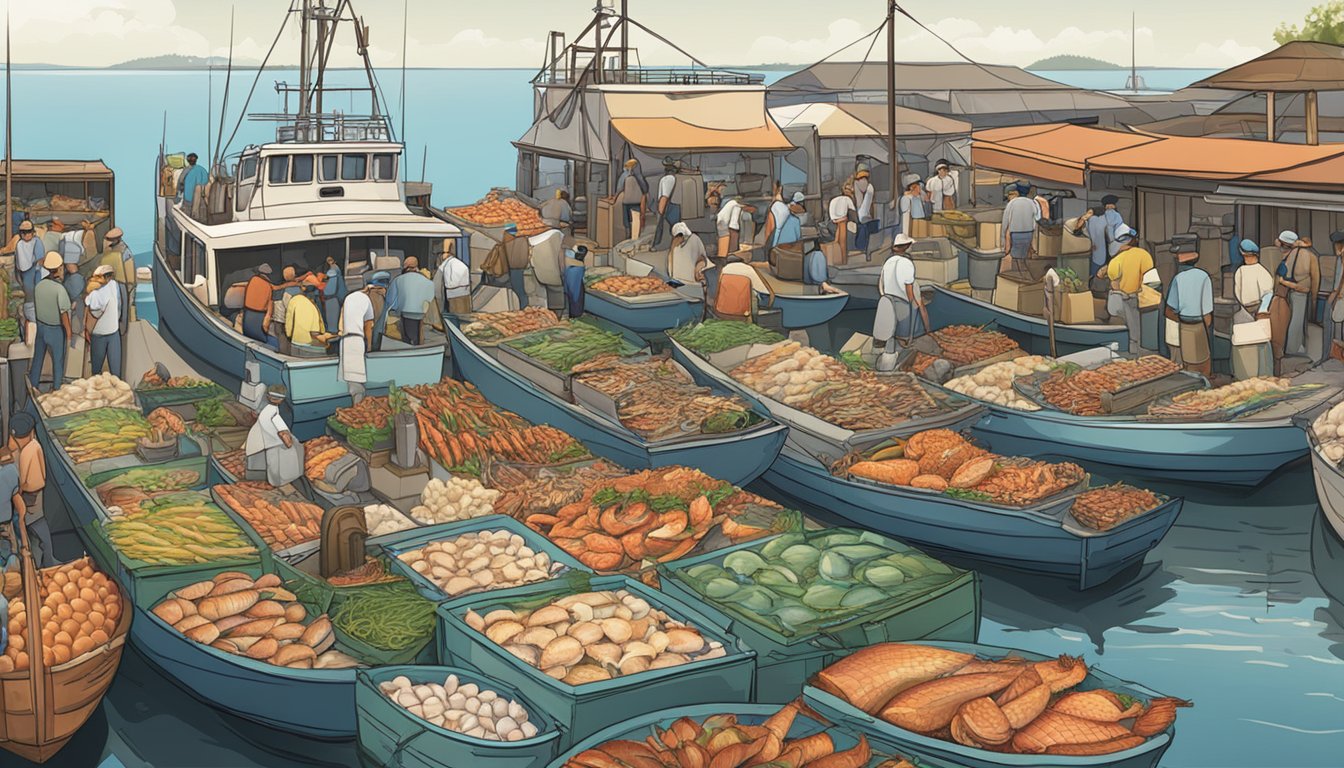 A bustling fish market with colorful displays of fresh seafood, surrounded by boats unloading their catch at the dock