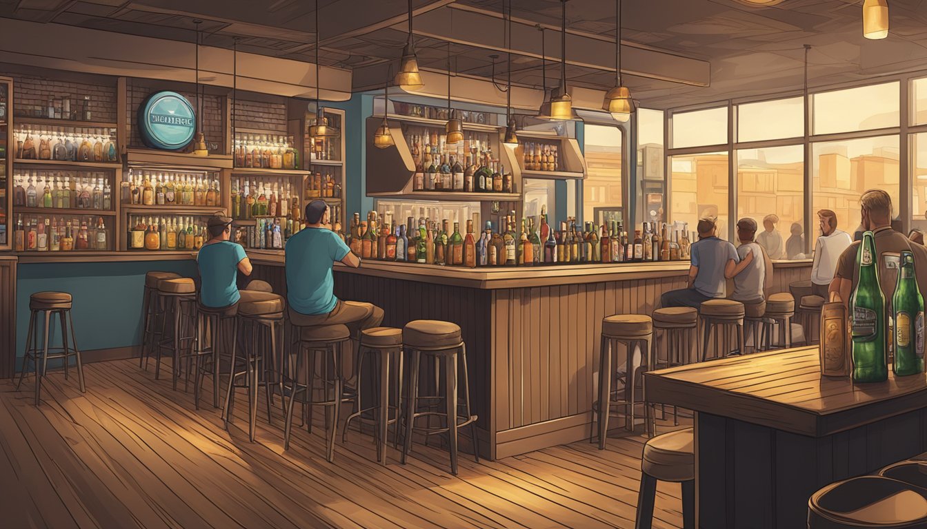 A bustling craft beer bar in Houston, Texas, with a relaxed, hazy atmosphere and no visible labels on the beer bottles