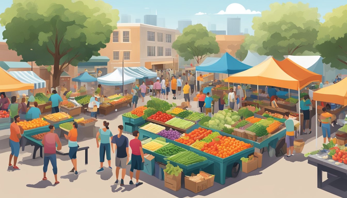 A bustling farmers market in Texas, with colorful stalls of fresh produce and local food vendors, surrounded by a group of CrossFit athletes