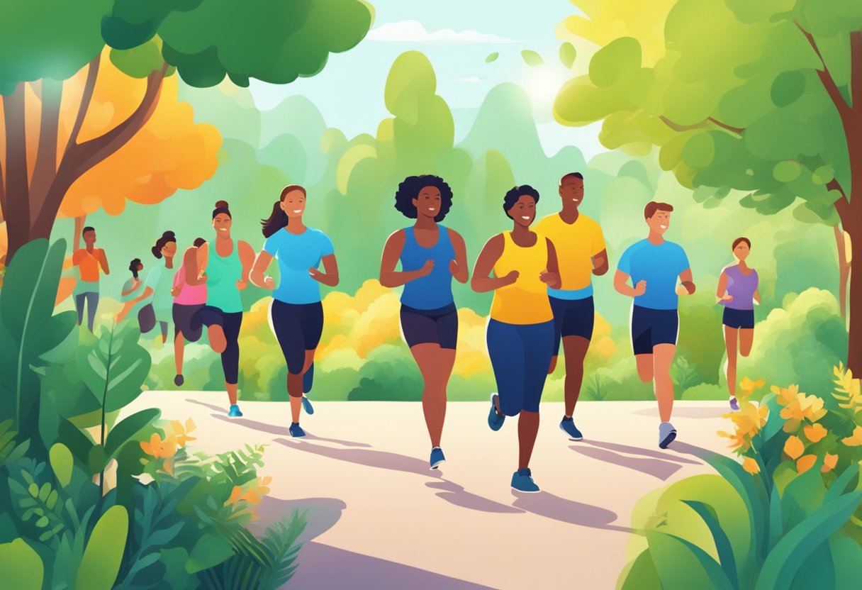 A vibrant scene of people engaging in various fitness activities outdoors, surrounded by greenery and sunshine, promoting healthy lifestyles and preventative health care