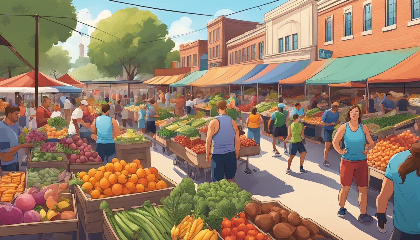 A bustling Texas farmer's market with colorful produce and local meats, surrounded by energetic CrossFit athletes enjoying the fresh, nutritious foods