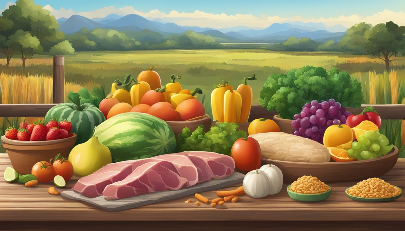 A colorful array of fresh fruits, vegetables, lean meats, and whole grains spread out on a rustic wooden table, with the Texas landscape in the background