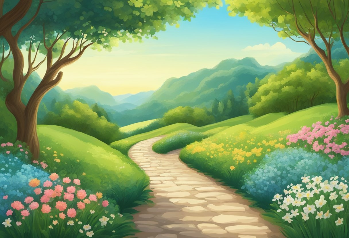A serene natural landscape with a winding path leading through lush greenery and blooming flowers, with a clear blue sky overhead