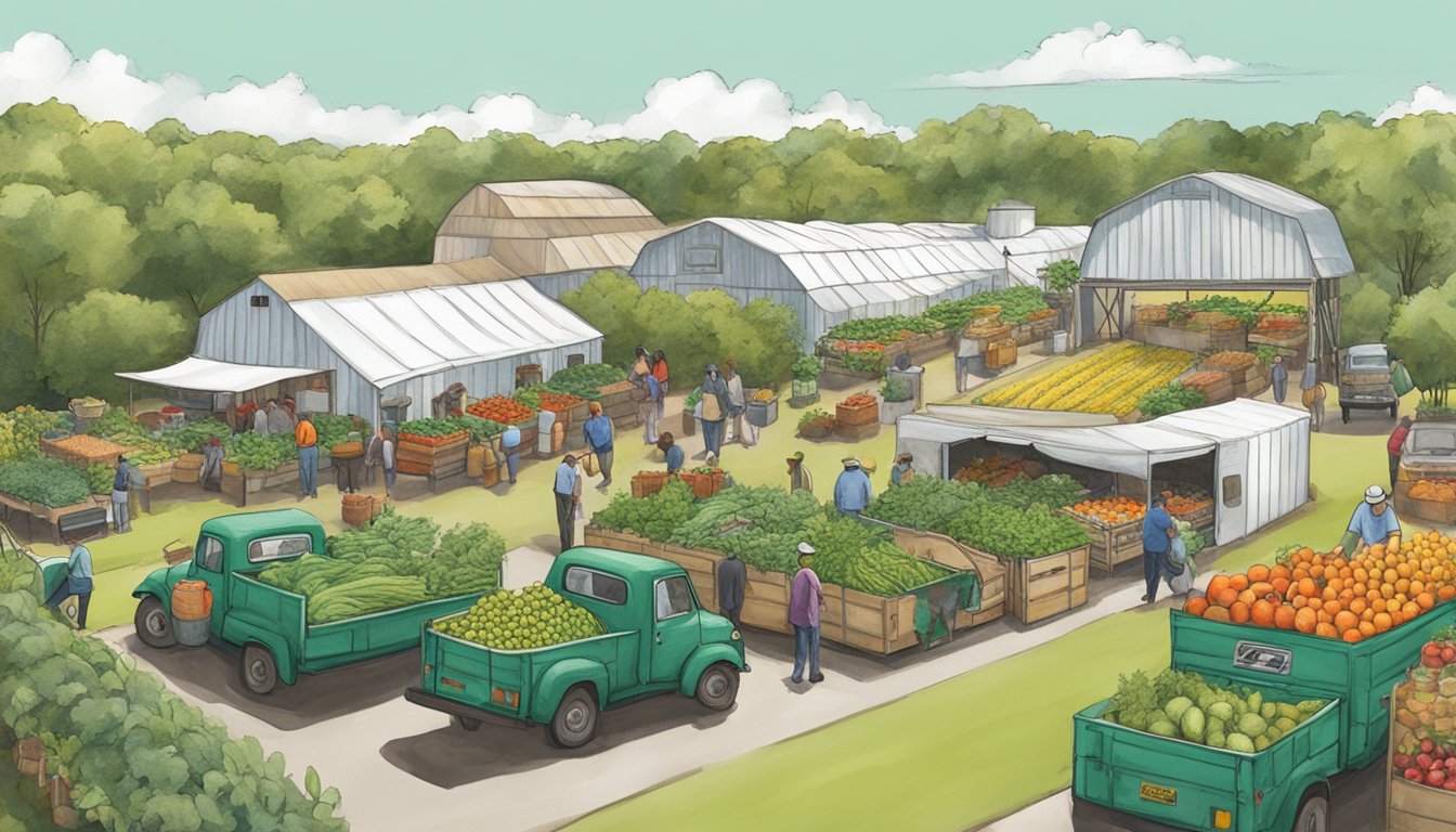 A bustling farm with colorful produce and delivery vehicles lined up for Green Gate Farms' 15 farm-to-table options in Austin during quarantine