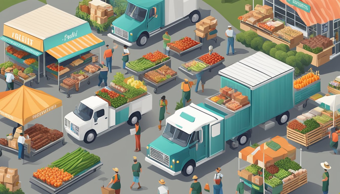 A bustling farmers market with fresh produce, meats, and dairy. Delivery trucks lined up, loading boxes of organic goods