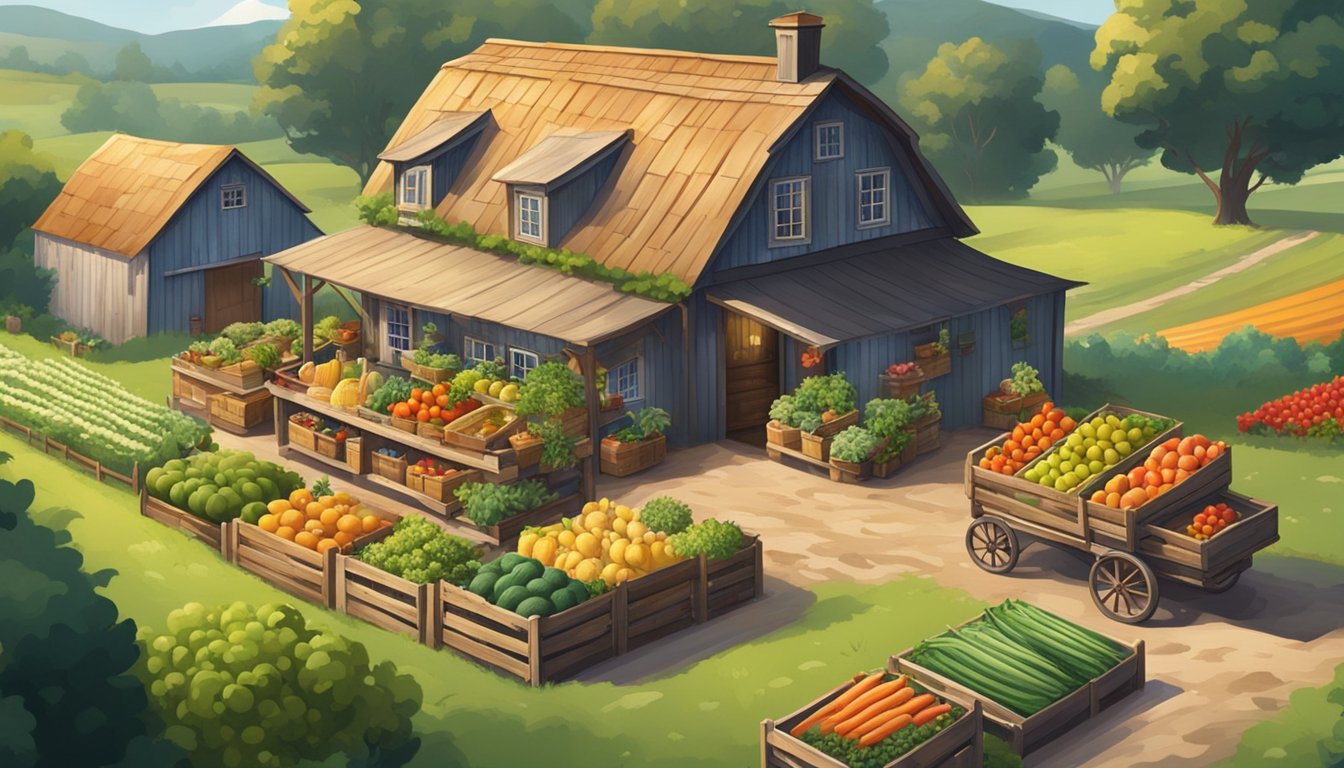 A rustic farmhouse surrounded by lush fields with a variety of fresh produce and goods being delivered to the door