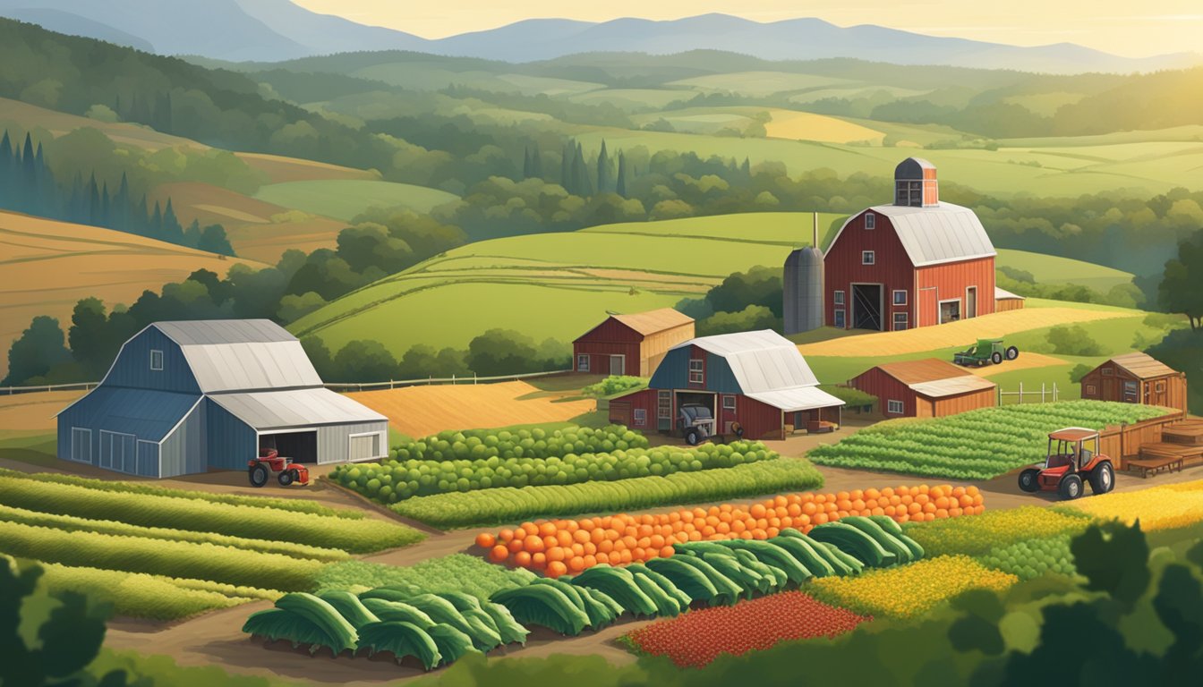 A rustic farm with rows of fresh produce, a bustling delivery area, and a scenic backdrop of rolling hills and greenery