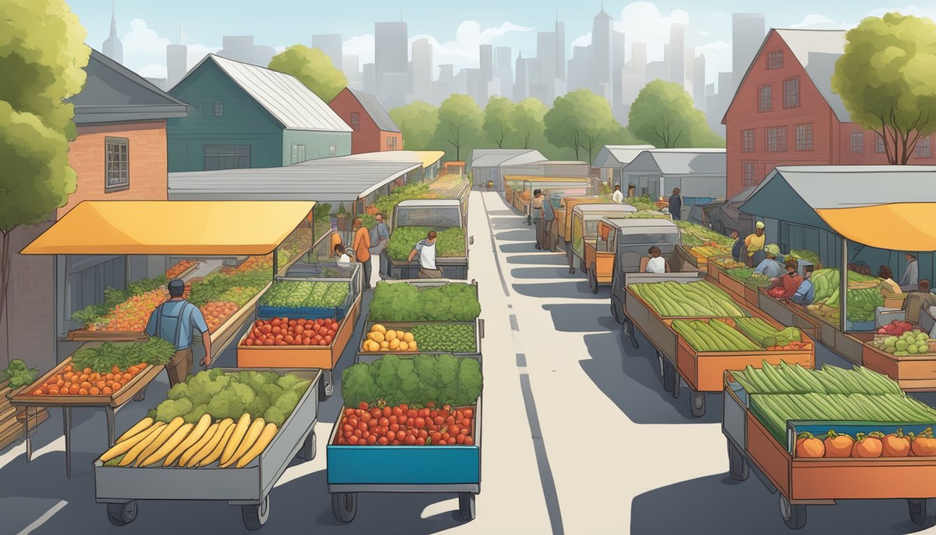 A bustling urban farm with rows of fresh produce, a busy delivery hub with workers loading boxes into vehicles, and a line of customers waiting to pick up their orders