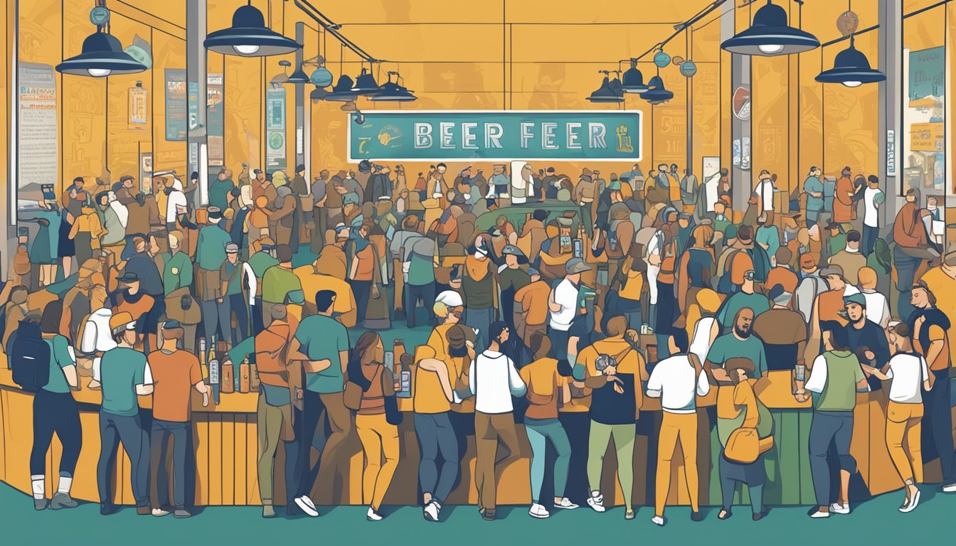 A bustling craft beer festival with 10 unique brewery logos displayed on tap handles, surrounded by a diverse crowd of beer enthusiasts sampling and socializing