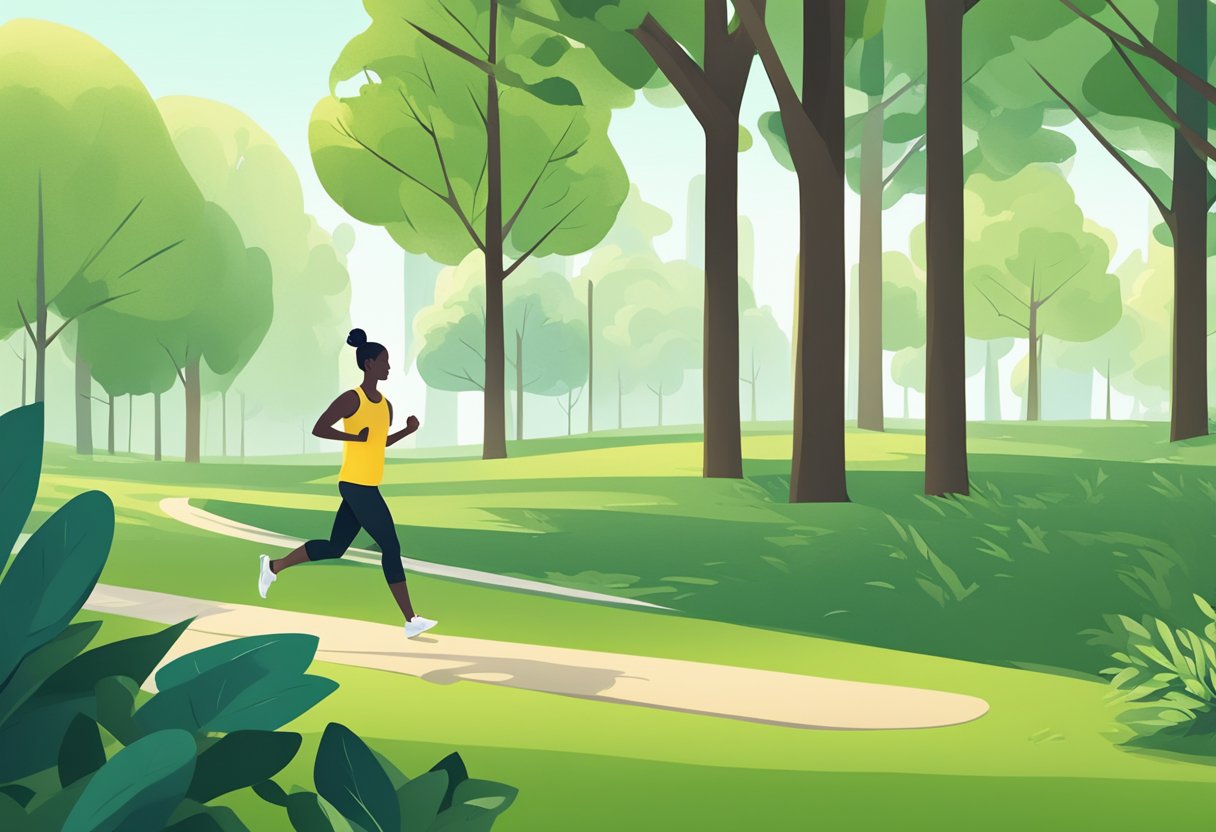 A person jogging through a green park, surrounded by trees and fresh air. A yoga mat and water bottle sit nearby