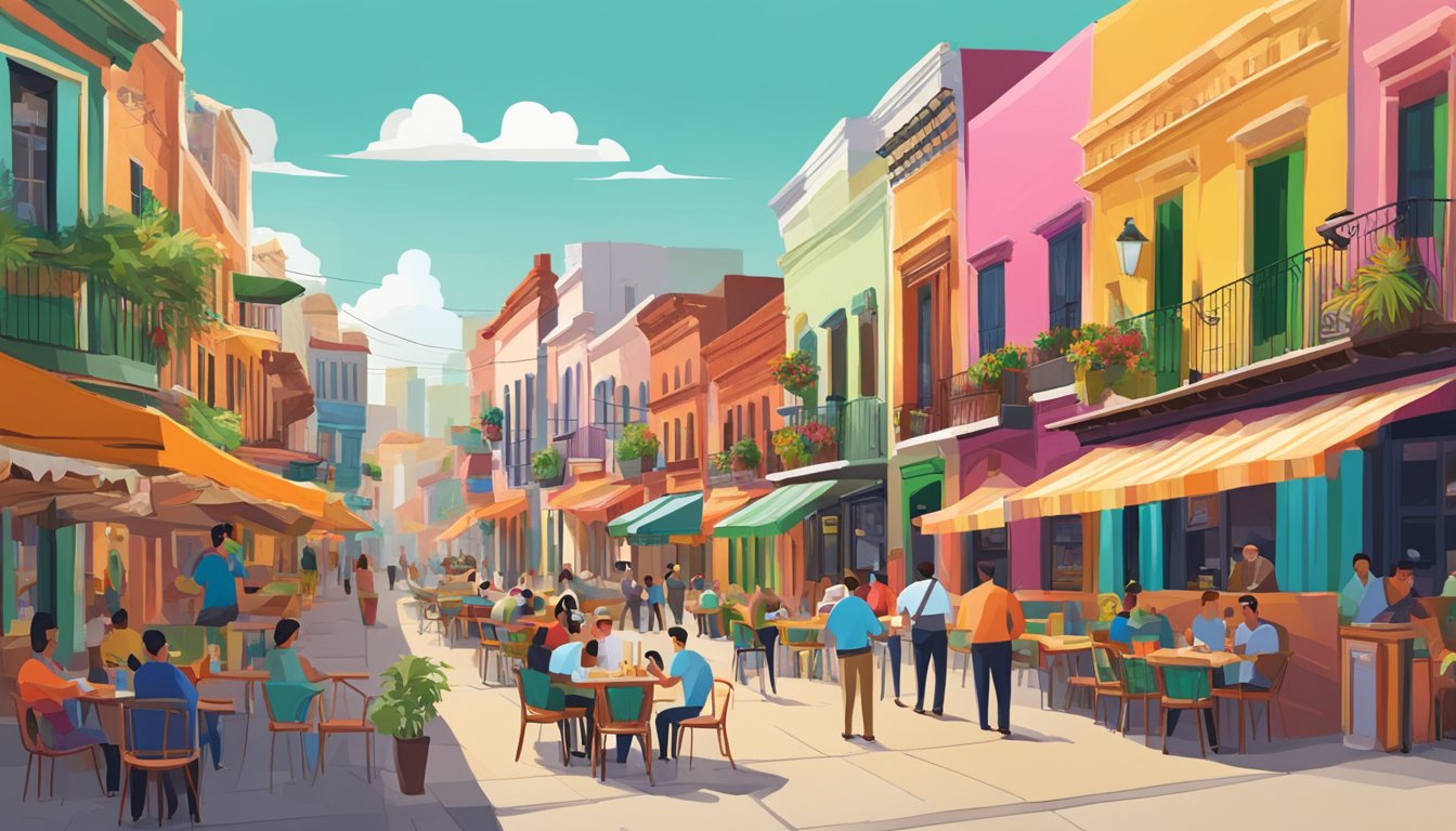 A bustling street filled with colorful facades and outdoor seating, showcasing a variety of Mexican restaurants with vibrant signage and enticing aromas