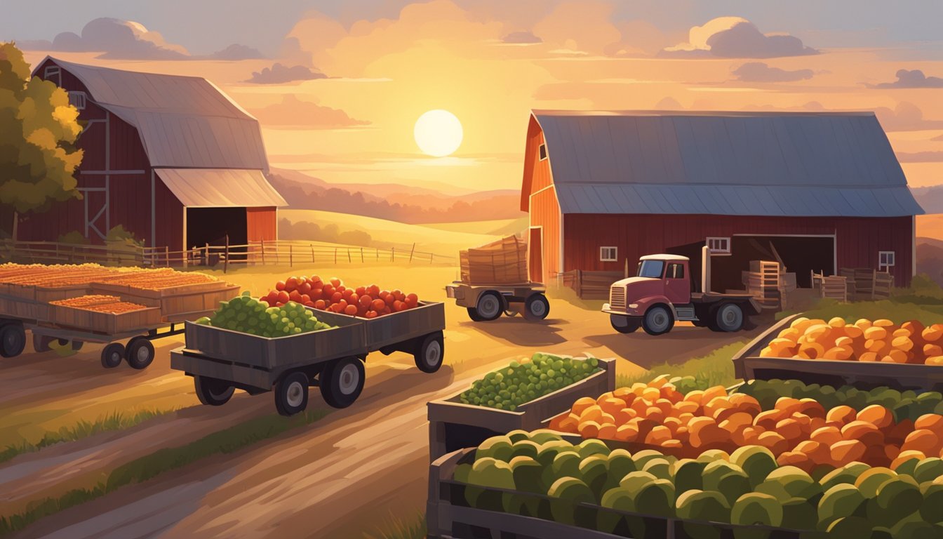 A bustling farm with fresh produce being loaded onto delivery trucks in front of a rustic barn. The sun is setting, casting a warm glow over the fields