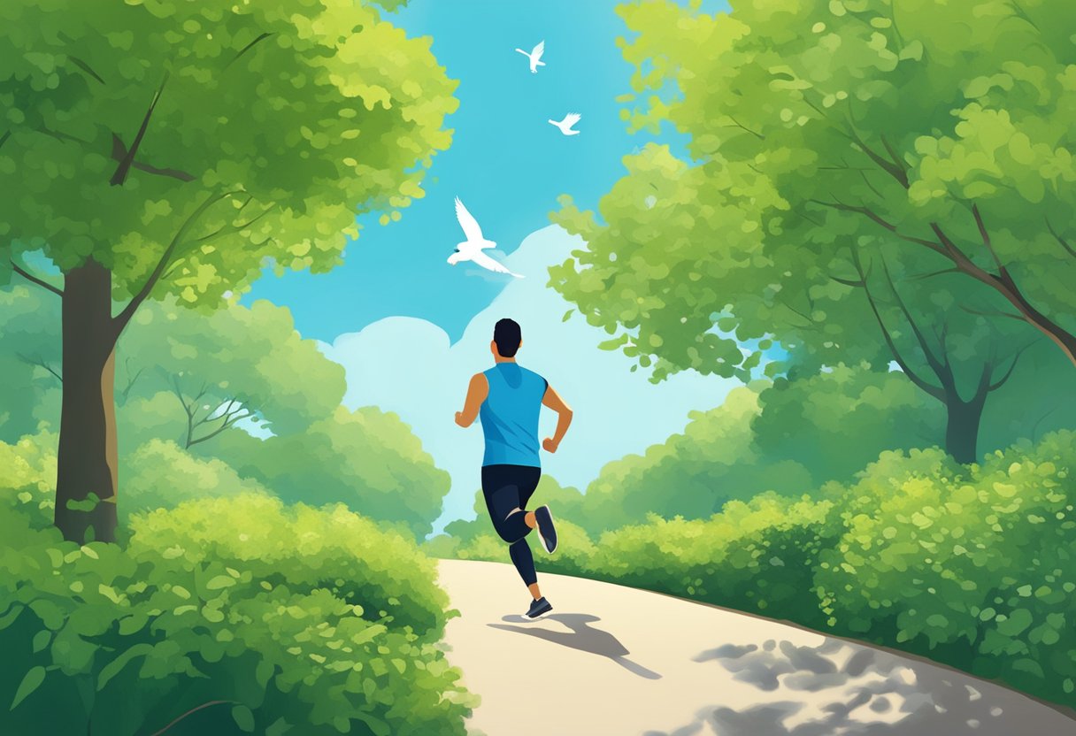 A person jogging in a lush, green park with a clear blue sky and birds flying overhead