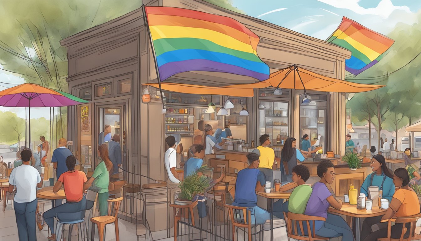 A bustling coffee shop with rainbow flags, diverse customers, and a welcoming atmosphere in Austin, Texas