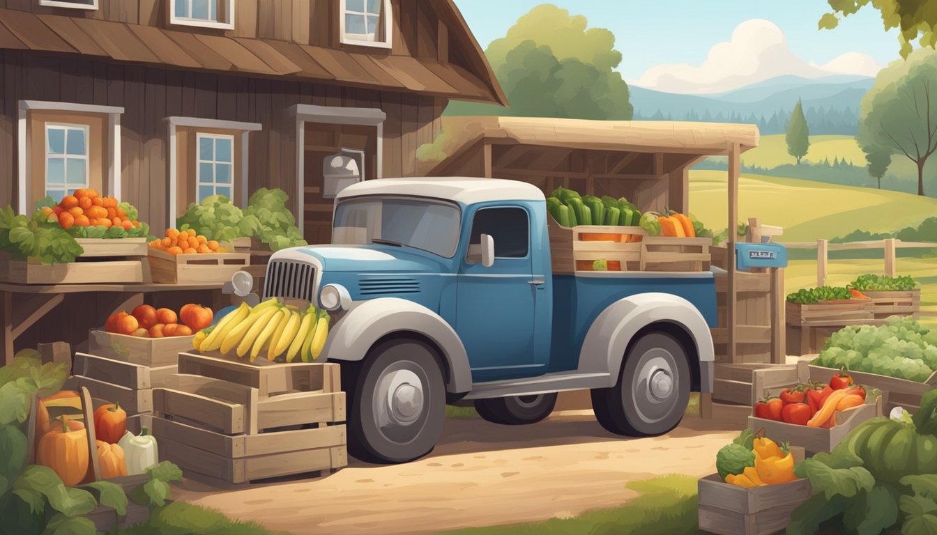 A rustic farm setting with a variety of fresh produce and dairy products displayed on wooden crates, with a delivery truck parked nearby