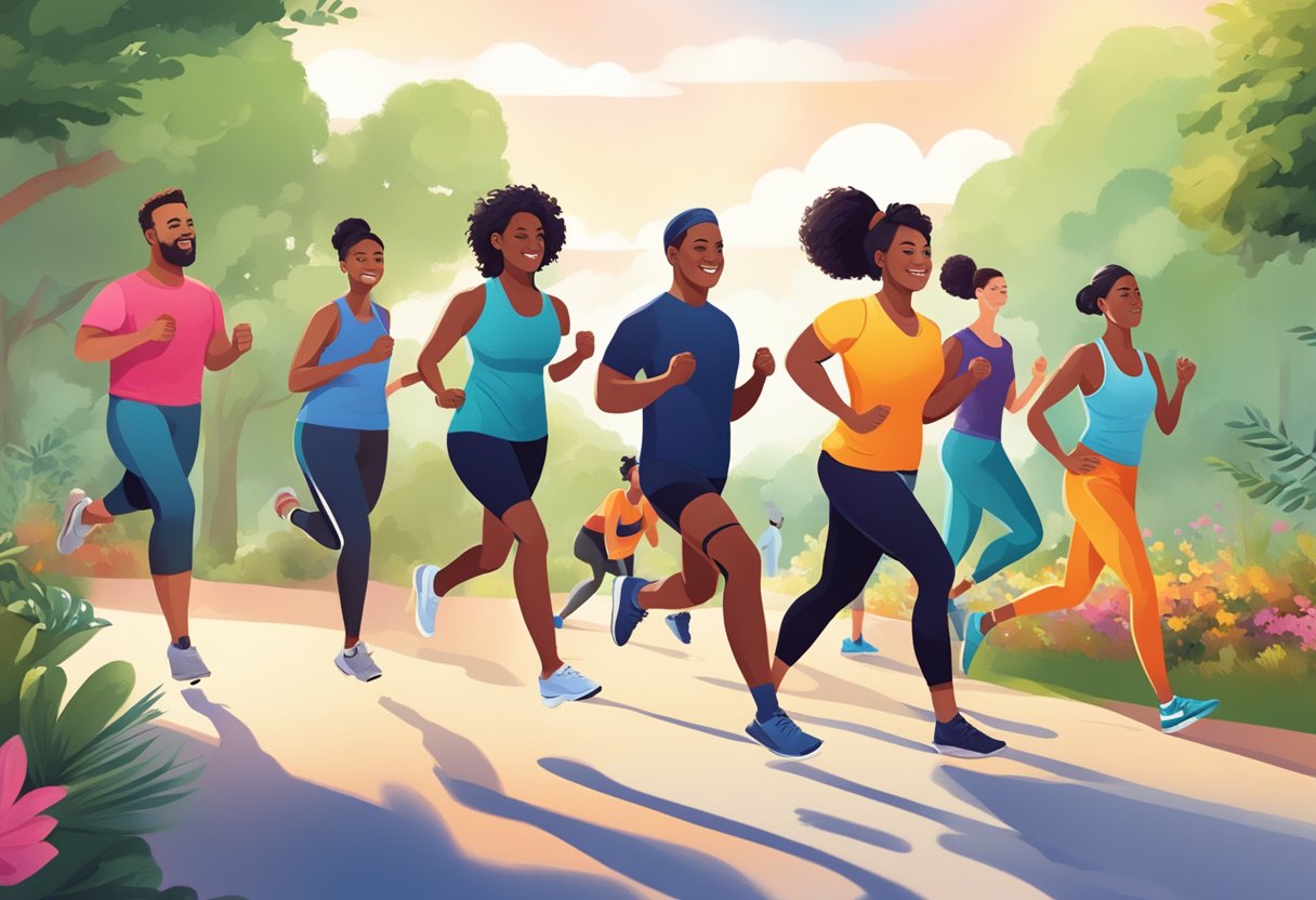 A diverse group of people engage in various physical activities such as running, cycling, yoga, and weightlifting in a vibrant outdoor setting
