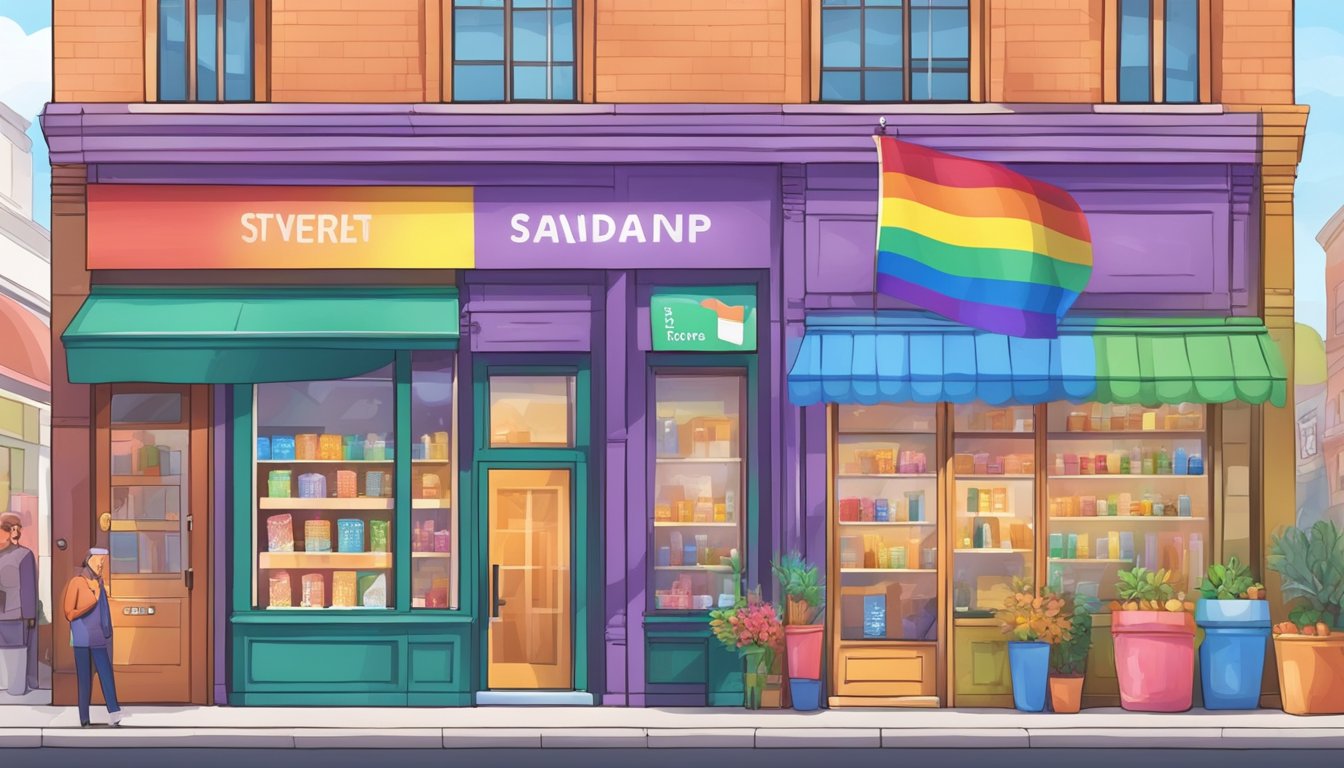 A colorful storefront with a rainbow flag and welcoming signage, surrounded by diverse businesses in a lively urban setting