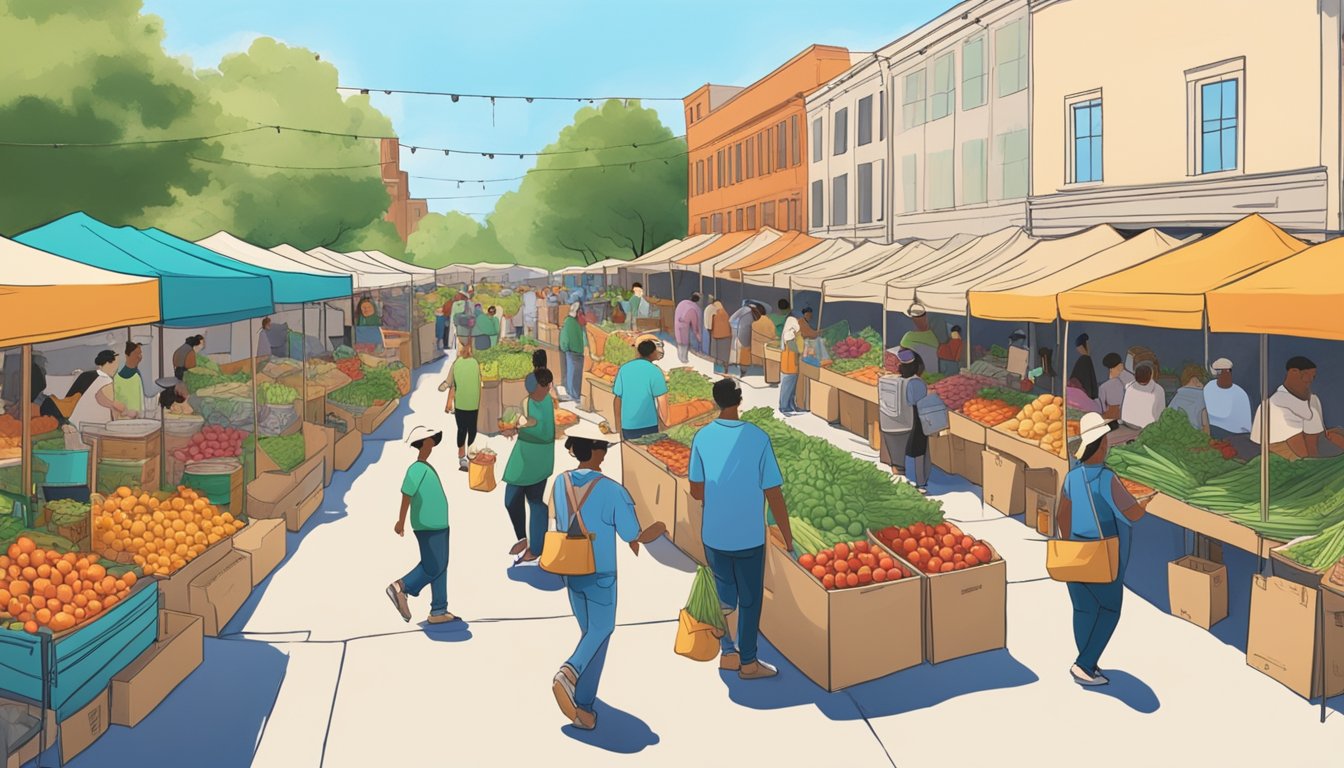 A bustling farmer's market with vendors delivering fresh produce to a line of customers in Austin during quarantine