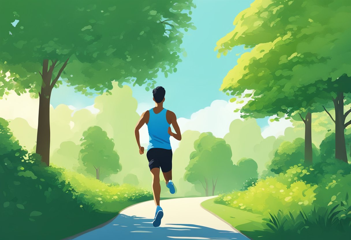 A person jogging through a park, surrounded by lush greenery and clear blue skies, with a visible sense of vitality and energy