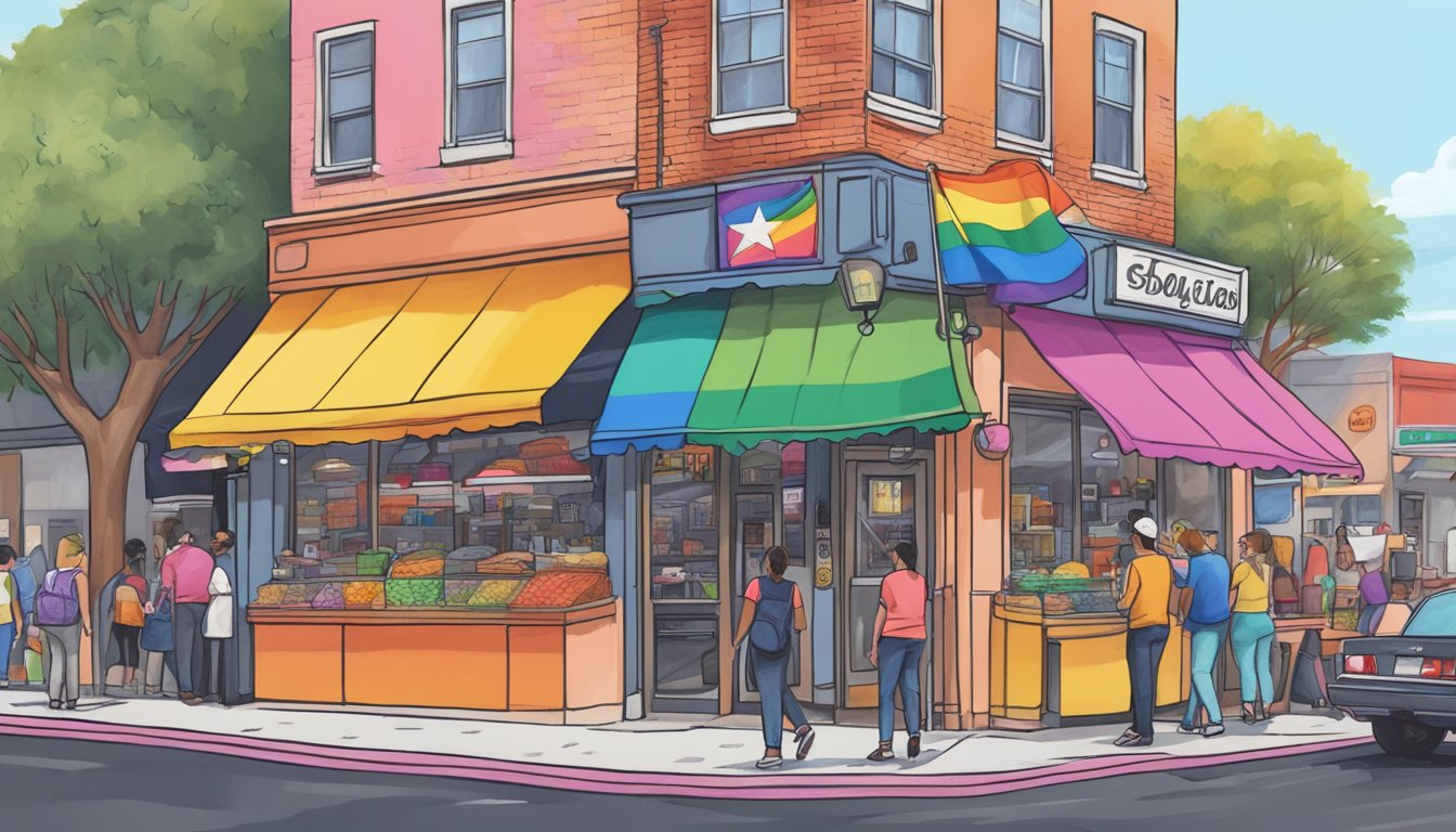 A bustling deli in Houston, with a vibrant rainbow flag hanging proudly outside, surrounded by other LGBTQ owned businesses in Texas