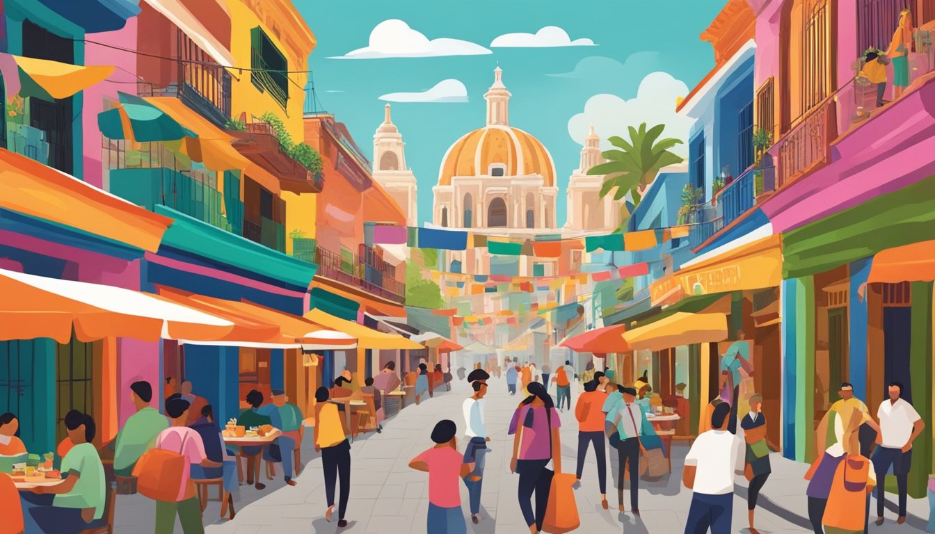 A bustling street in Mexico, lined with colorful buildings and vibrant signs advertising 37 must-try restaurants. A mix of locals and tourists explore the diverse culinary options