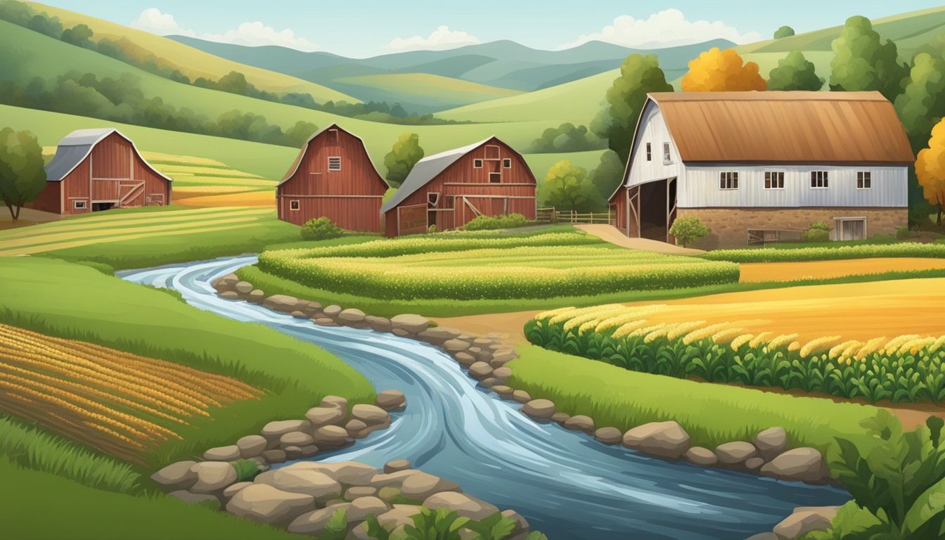 A picturesque farm with rows of crops and a rustic barn, surrounded by rolling hills and a winding creek