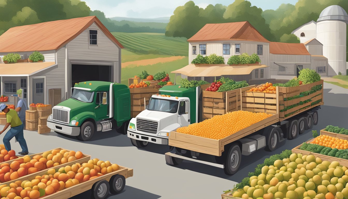 A bustling farm with fresh produce being loaded onto delivery trucks