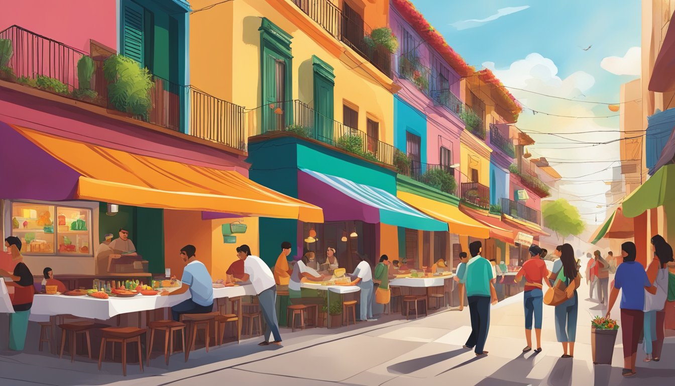 A bustling Mexican street lined with colorful, vibrant restaurants, each offering a unique and delicious culinary experience