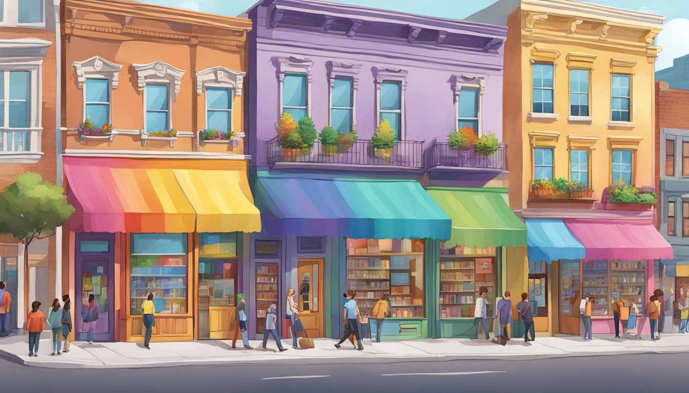 A colorful street lined with diverse storefronts, including a bookstore with a rainbow flag, bustling with customers and a sense of community