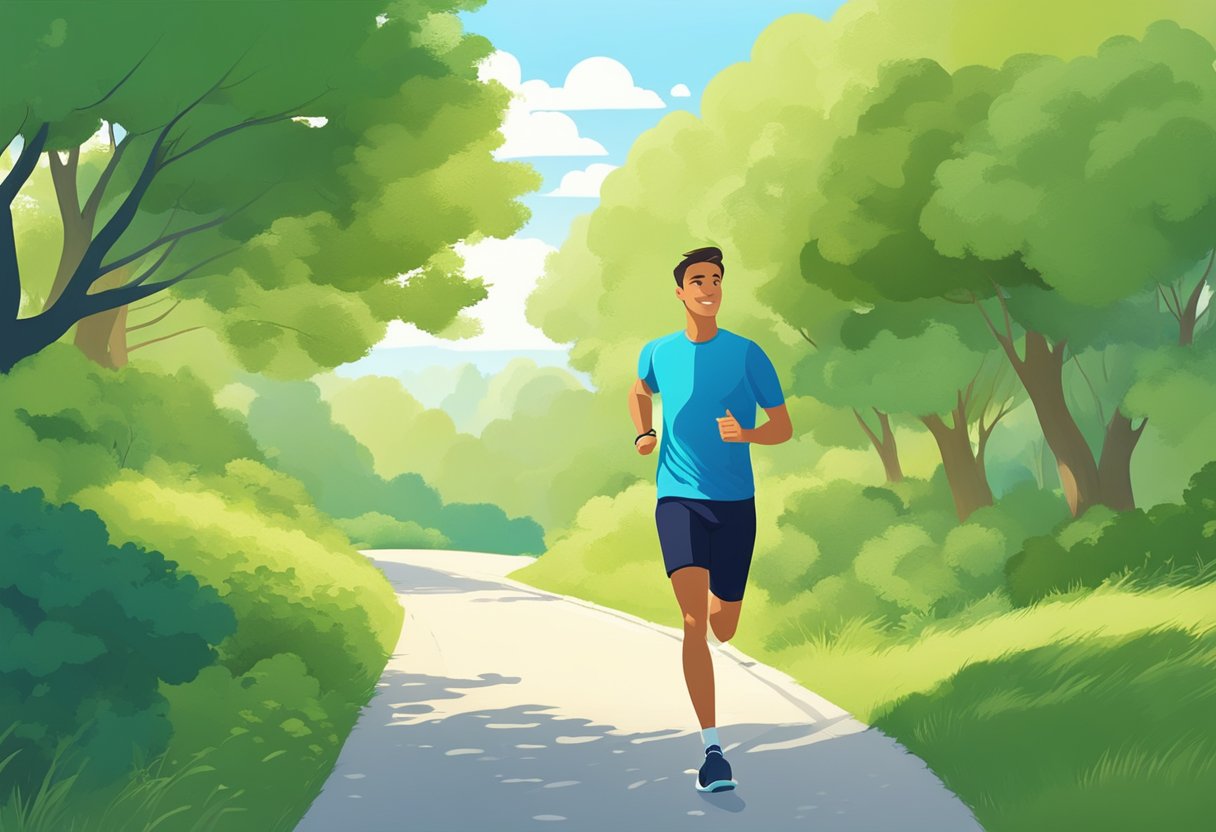 A person jogging on a path surrounded by green trees and a clear blue sky, with a water bottle and healthy snacks nearby