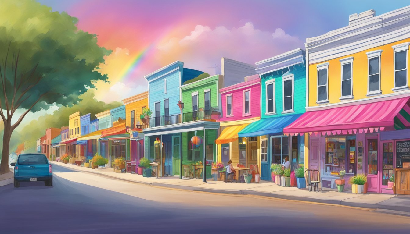 A vibrant street in Wimberley, Texas lined with colorful storefronts, each proudly displaying the rainbow flag to signify their status as LGBTQ-owned businesses