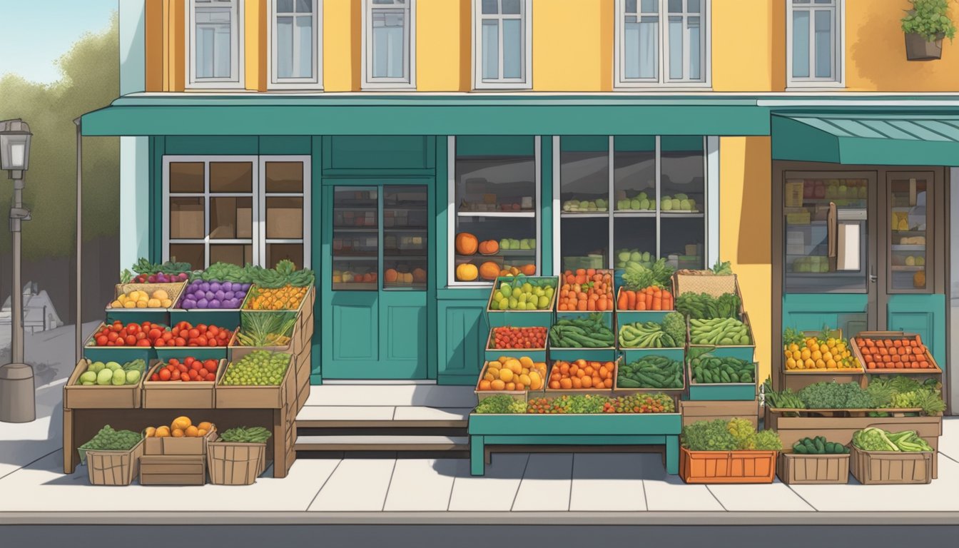 A colorful array of fresh produce and artisanal goods arranged in baskets and crates, ready for delivery in front of the Tecolote Farm storefront in Austin