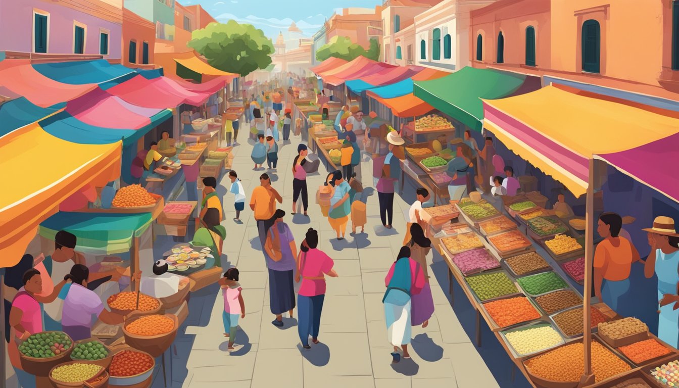 A colorful street market in Mexico, with vibrant food stalls and bustling crowds, showcasing the diverse culinary offerings of 37 must-try restaurants