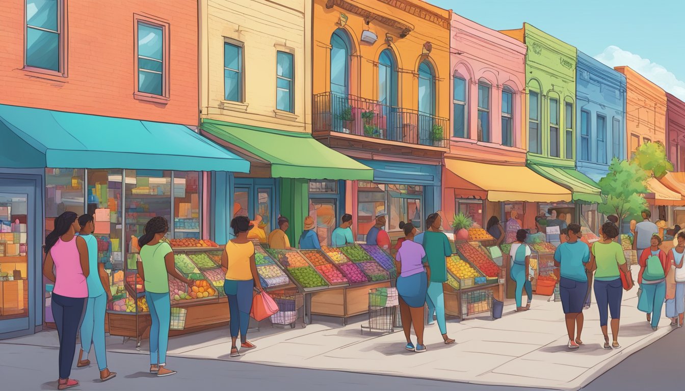 A vibrant market scene with diverse vendors and colorful storefronts, showcasing LGBTQ-owned businesses in Texas