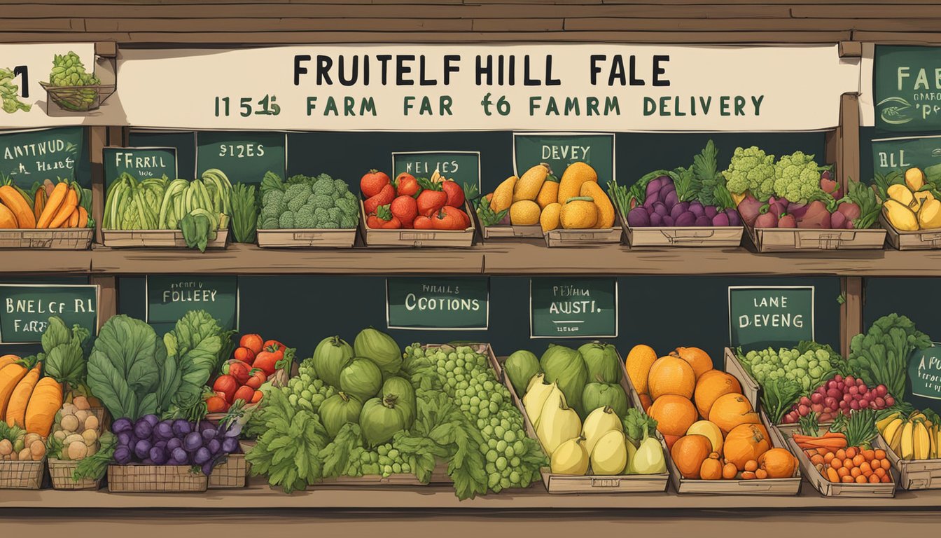 A colorful array of fresh fruits and vegetables arranged in baskets and crates, with a sign displaying "Fruitful Hill Farm" and "15 farm to table delivery options in Austin during quarantine."