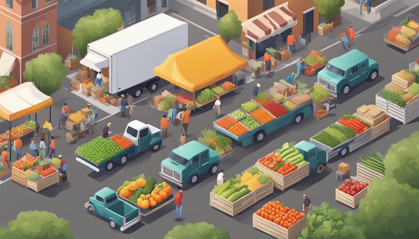 A bustling farmers' market with fresh produce being loaded onto delivery trucks