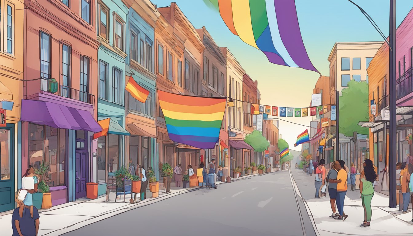 A colorful street lined with diverse LGBTQ-owned businesses in Texas, showcasing pride flags and inclusive signage