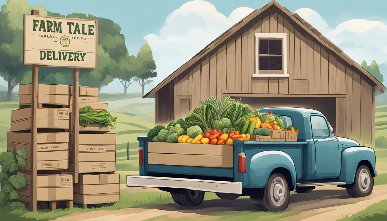 Fresh produce boxes stacked outside a rustic farmhouse, with a delivery truck parked nearby. A farmer unloads crates of vegetables and fruits, while a sign advertises "Farm to Table Delivery."