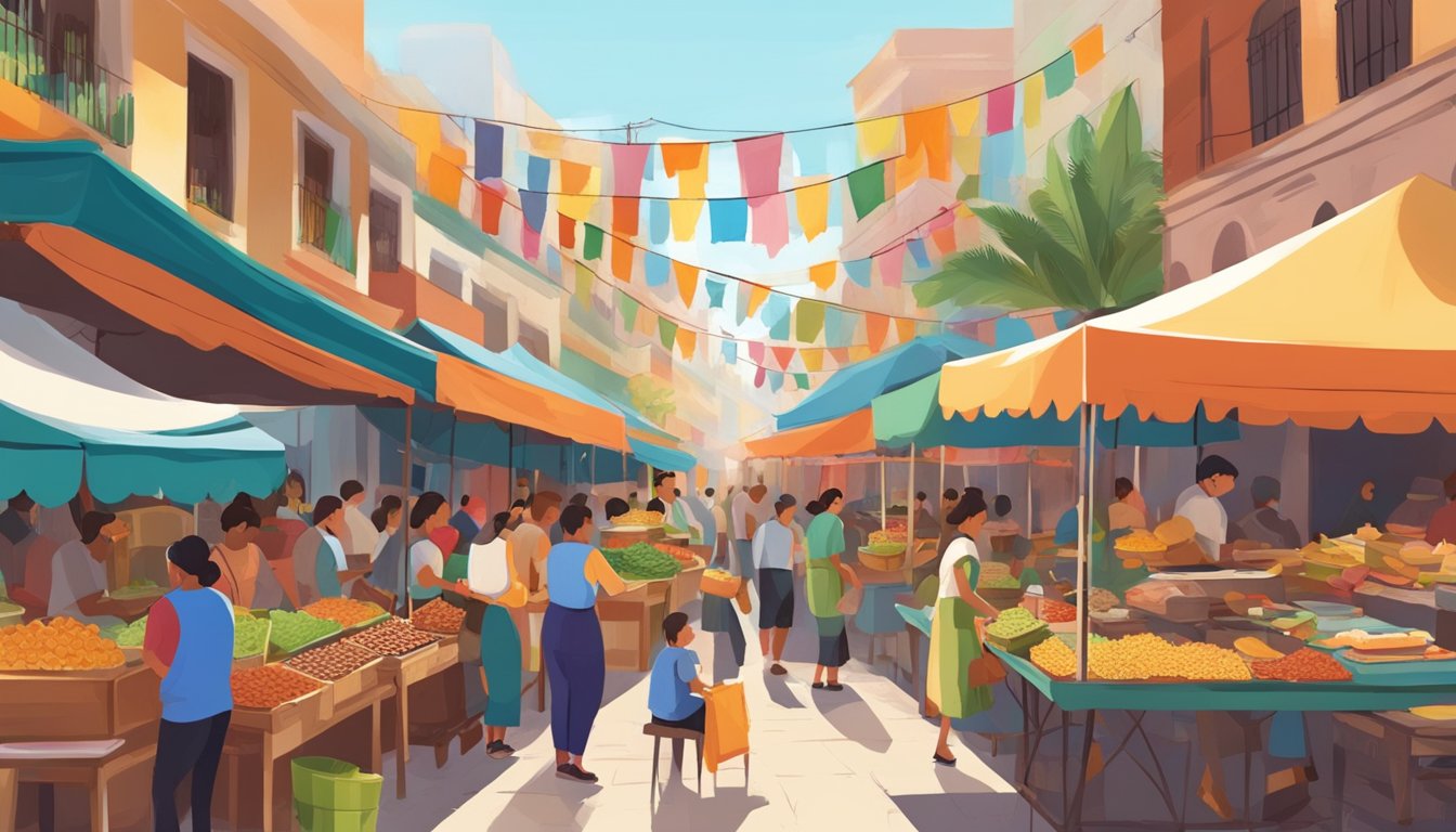 A bustling street market in Mexico with colorful food stalls and people enjoying a variety of dishes from different restaurants