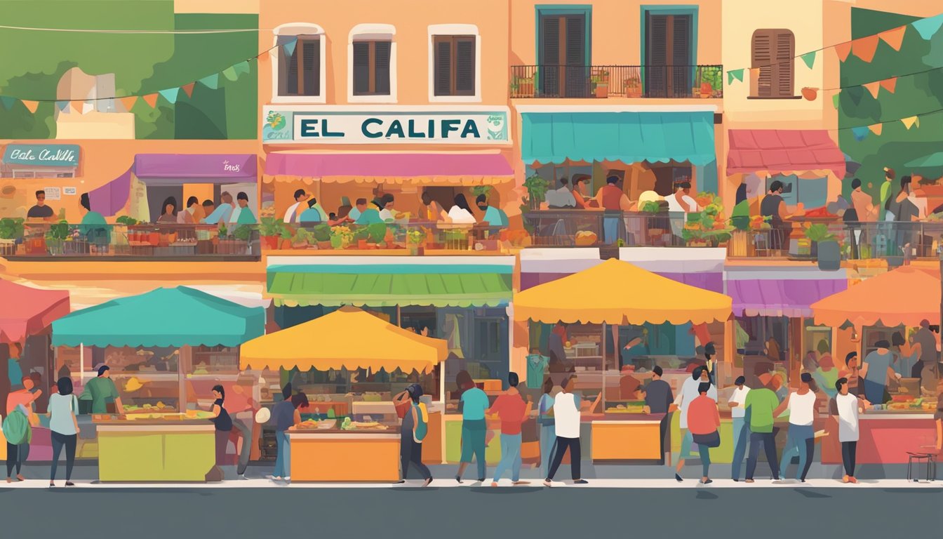 A bustling street in Mexico, with colorful food stalls and a sign for Tacos El Califa. A line of people eagerly try out different dishes from the 37 must-try restaurants