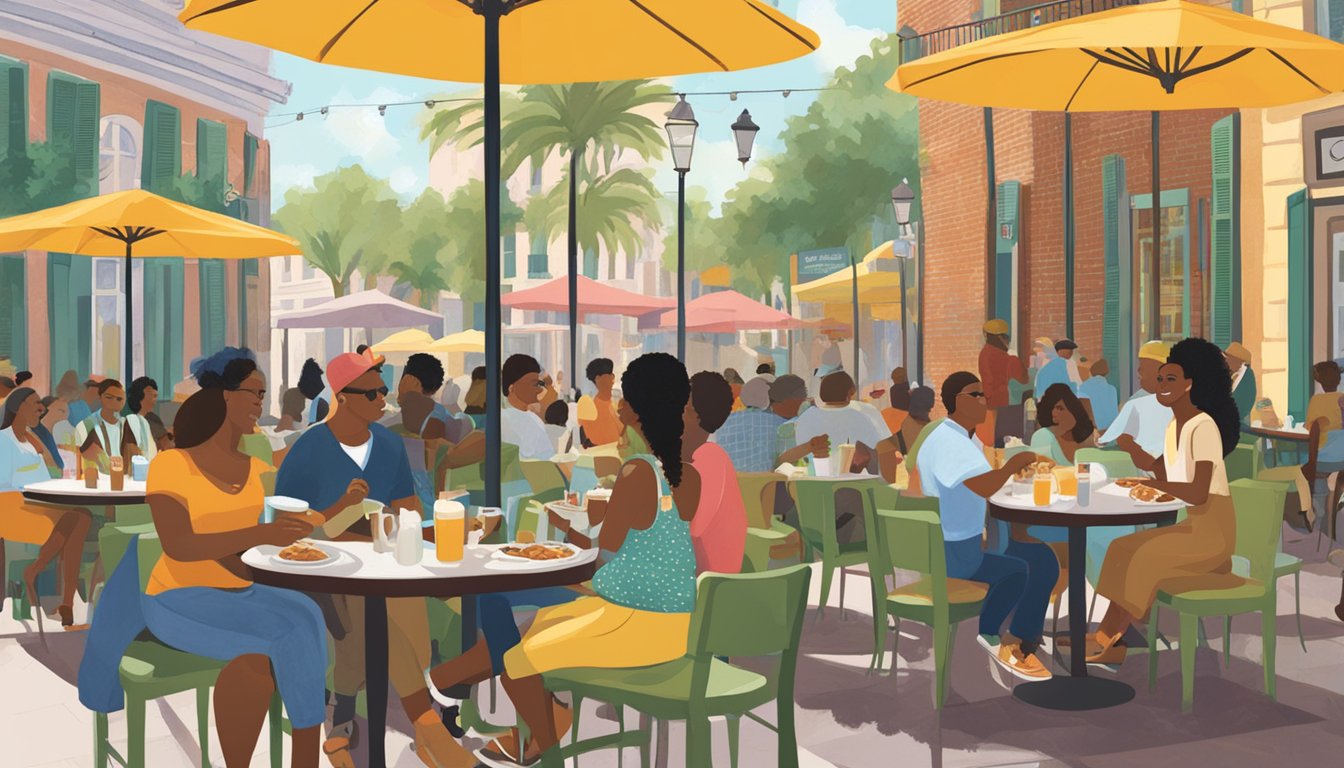 A bustling brunch spot with colorful outdoor seating and a sign advertising "NOLA Brunch & Beignets." Patrons enjoy chicken and waffles at umbrella-covered tables