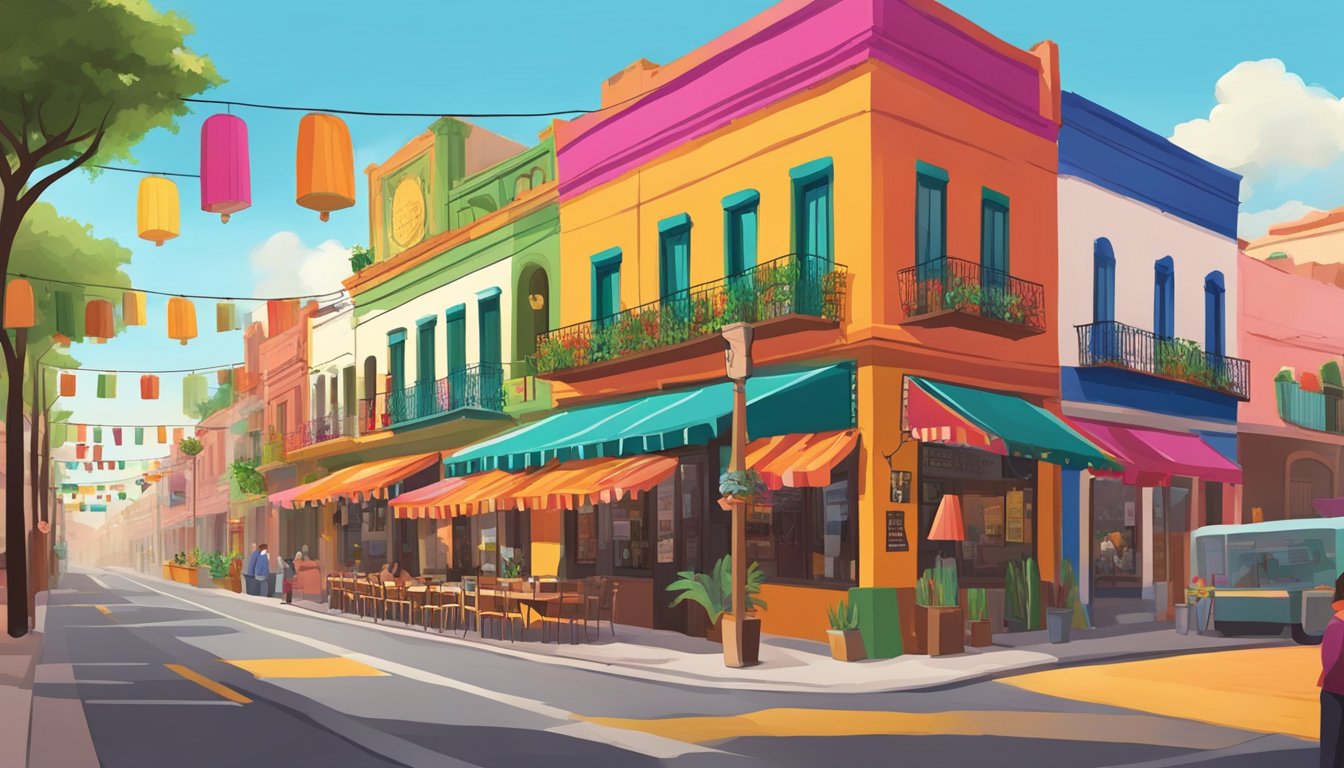 A colorful street lined with bustling Mexican restaurants, each with unique signage and vibrant decor