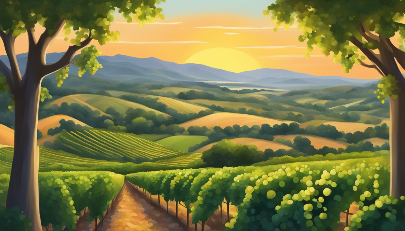 Vineyard with rolling hills, lush green grapevines, and a warm summer sun setting over the Brazos Valley