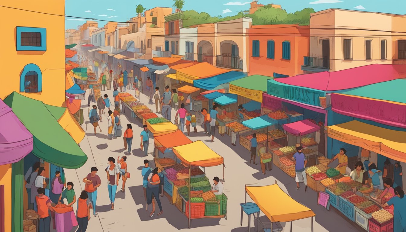 A colorful street market in Mexico, with vibrant food stalls and bustling crowds. A sign reads "37 Must Try Restaurants" as Los Panchos cross the border